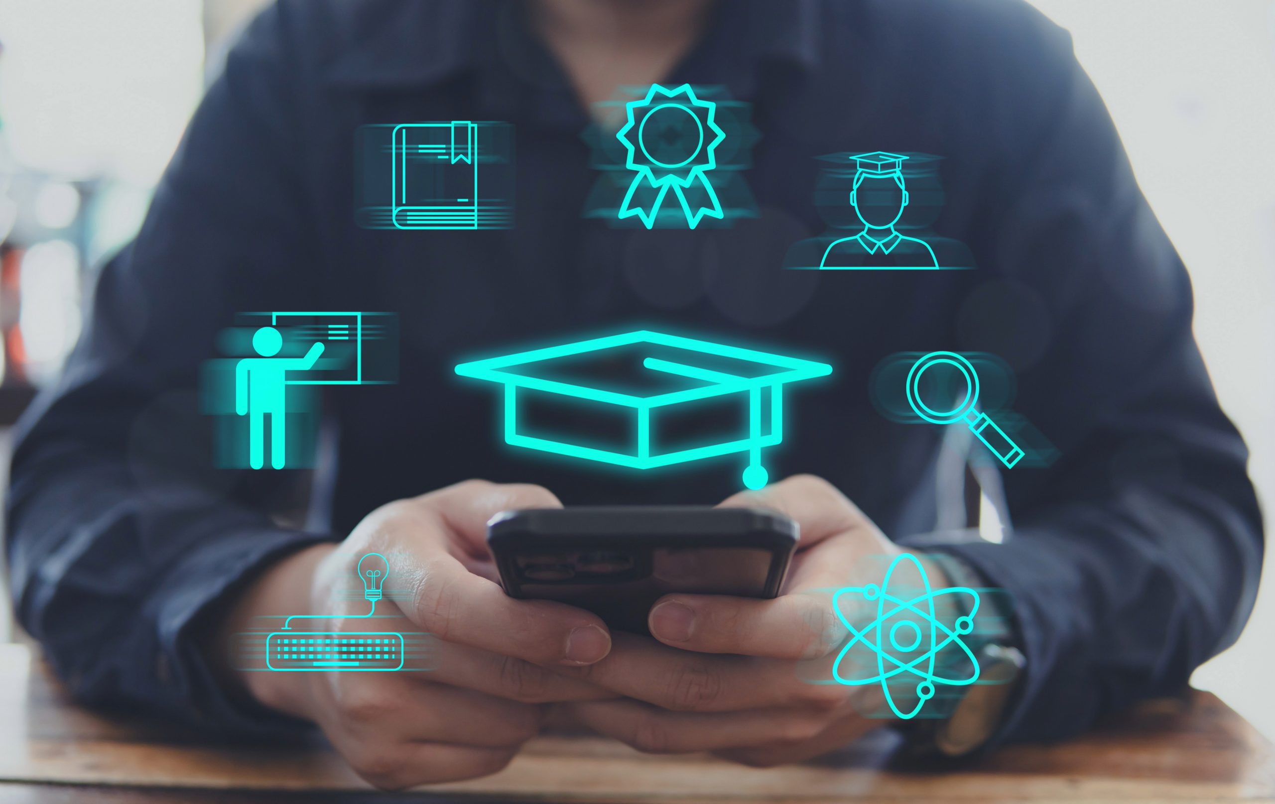 Person using a smartphone with floating digital icons representing higher education, including a graduation cap, instructor, certificate, and magnifying glass. That symbolizes data, compliance, and audit log tracking.