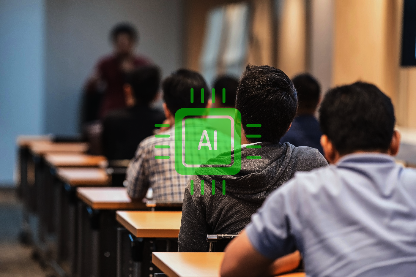 Students seated in a classroom facing an instructor, with a green AI icon overlay in the center of the image.